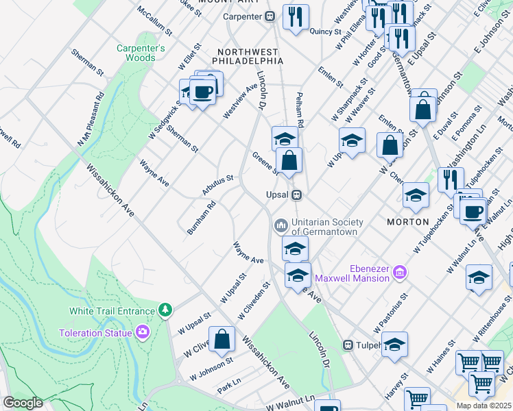 map of restaurants, bars, coffee shops, grocery stores, and more near 6600 Lincoln Drive in Philadelphia