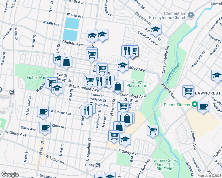 map of restaurants, bars, coffee shops, grocery stores, and more near 87 Fern Street in Philadelphia