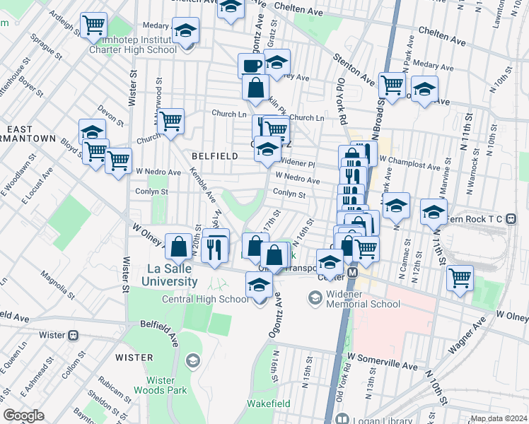 map of restaurants, bars, coffee shops, grocery stores, and more near 5739 Ogontz Avenue in Philadelphia