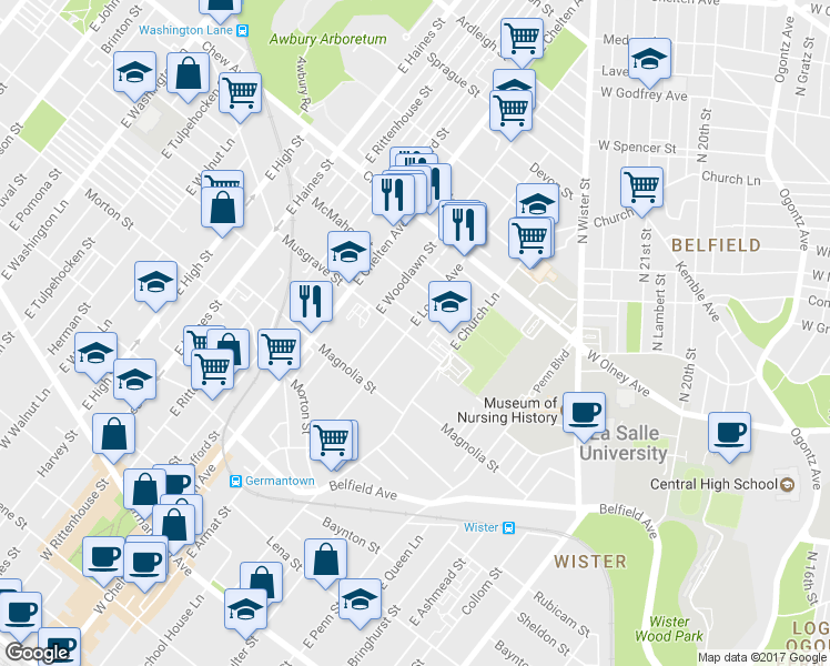 map of restaurants, bars, coffee shops, grocery stores, and more near 604 East Locust Avenue in Philadelphia