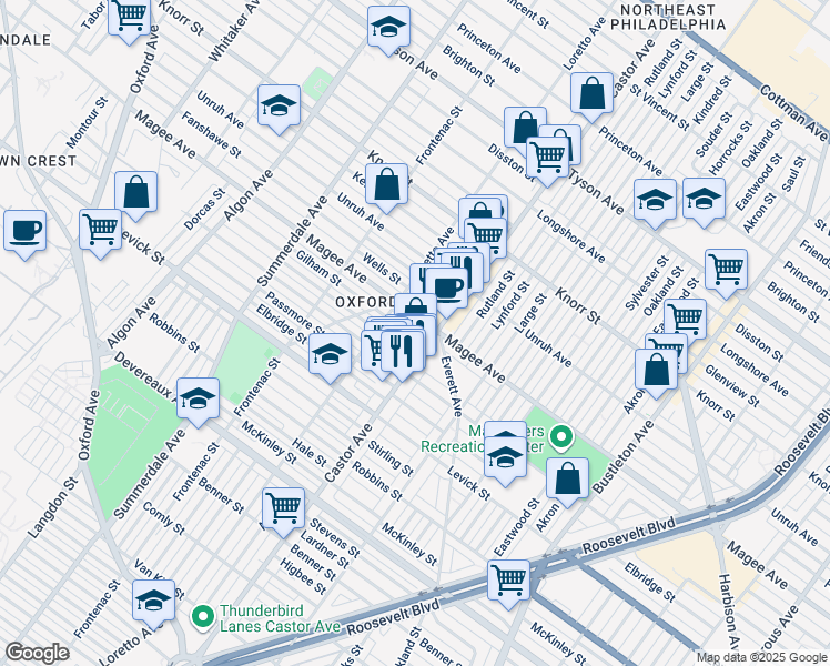 map of restaurants, bars, coffee shops, grocery stores, and more near 1435 Gilham Street in Philadelphia