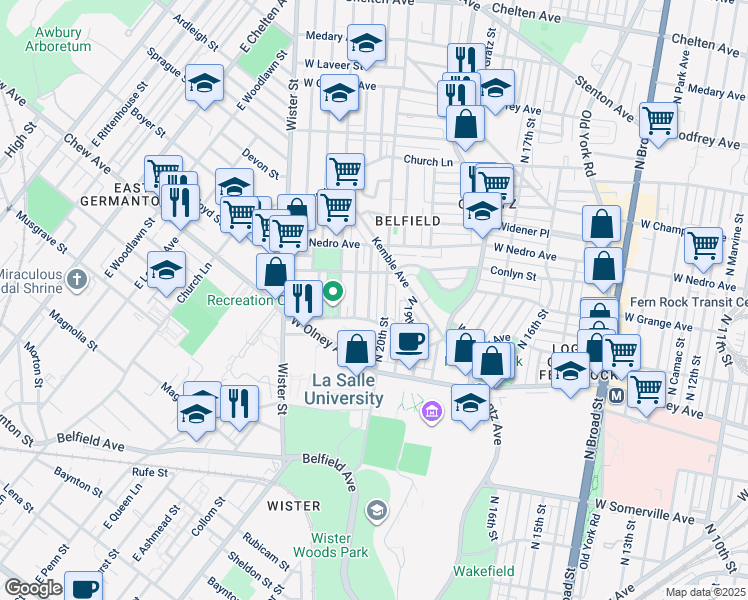 map of restaurants, bars, coffee shops, grocery stores, and more near 5727 North Woodstock Street in Philadelphia