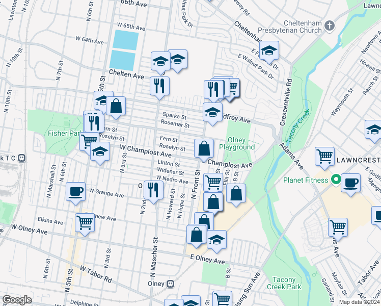 map of restaurants, bars, coffee shops, grocery stores, and more near 108 Roselyn Street in Philadelphia