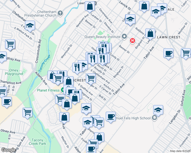 map of restaurants, bars, coffee shops, grocery stores, and more near 523 East Cheltenham Avenue in Philadelphia