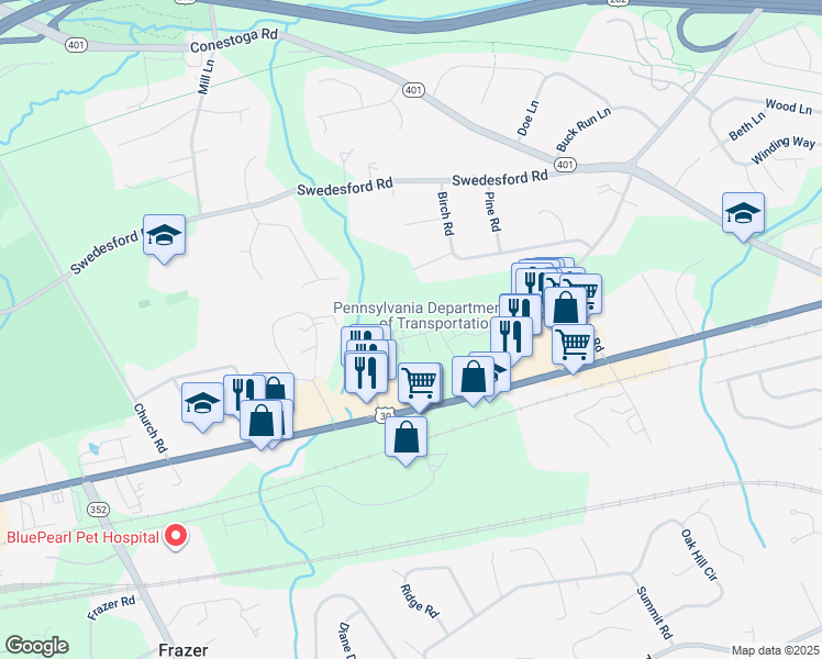map of restaurants, bars, coffee shops, grocery stores, and more near 121 Josephs Way in Malvern
