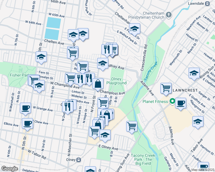 map of restaurants, bars, coffee shops, grocery stores, and more near 6022 A Street in Philadelphia
