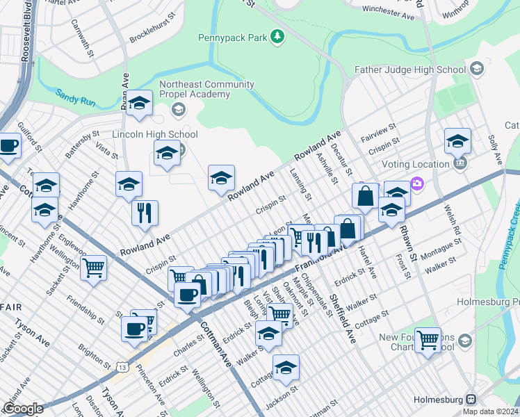 map of restaurants, bars, coffee shops, grocery stores, and more near 3310 Chippendale Street in Philadelphia