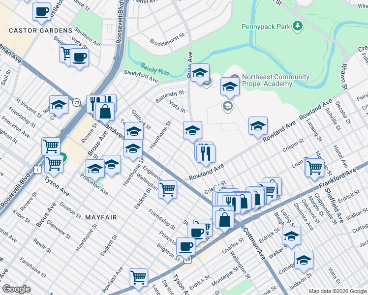 map of restaurants, bars, coffee shops, grocery stores, and more near 3200 Ryan Avenue in Philadelphia