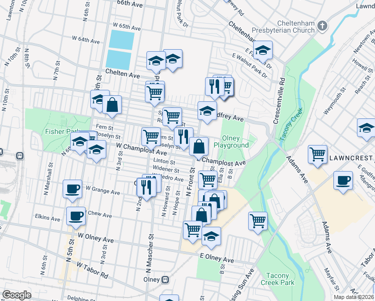 map of restaurants, bars, coffee shops, grocery stores, and more near 87 Fern Street in Philadelphia