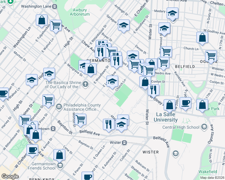 map of restaurants, bars, coffee shops, grocery stores, and more near 704 East Locust Avenue in Philadelphia