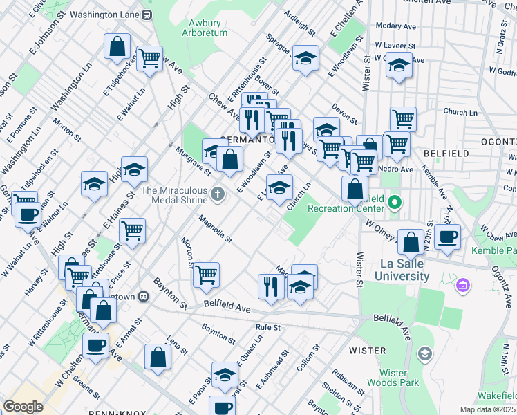 map of restaurants, bars, coffee shops, grocery stores, and more near 604 East Locust Avenue in Philadelphia