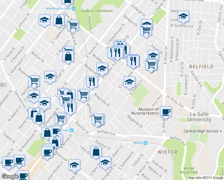map of restaurants, bars, coffee shops, grocery stores, and more near 5647 Musgrave Street in Philadelphia