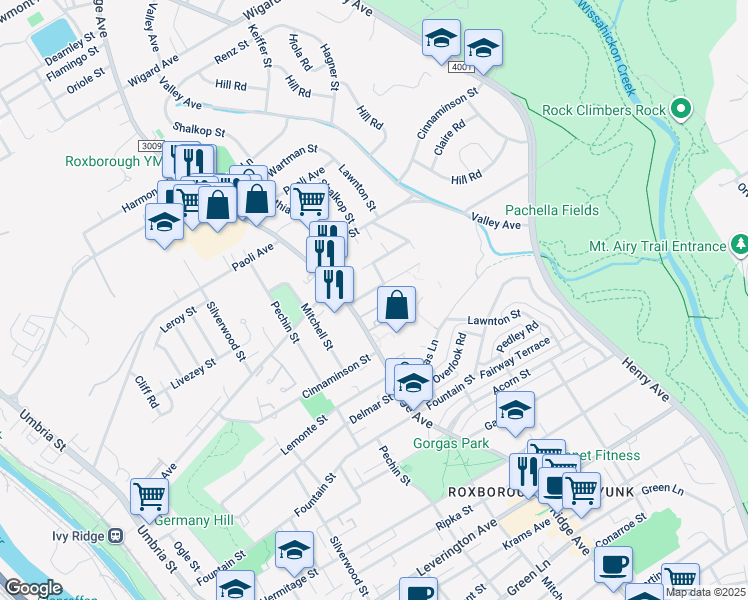 map of restaurants, bars, coffee shops, grocery stores, and more near 525 Fairthorne Avenue in Philadelphia