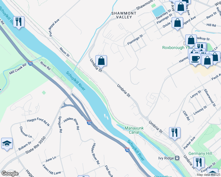 map of restaurants, bars, coffee shops, grocery stores, and more near 15 Shawmont Avenue in Philadelphia