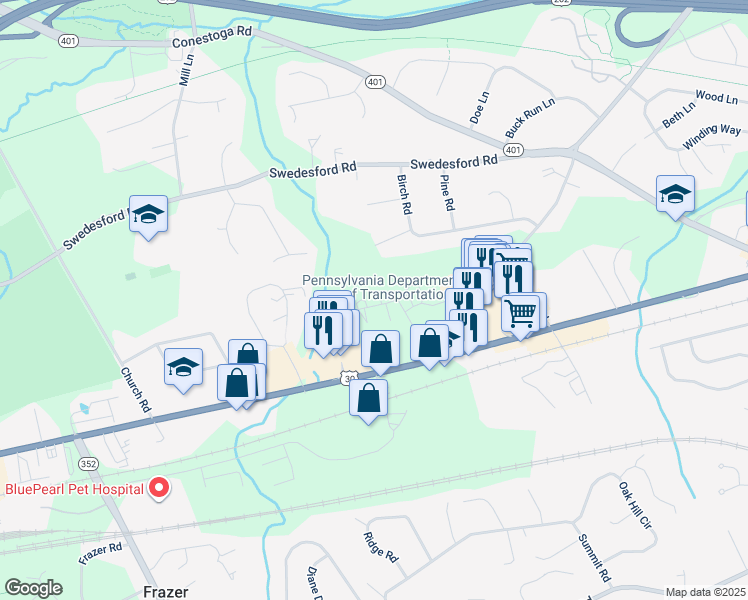 map of restaurants, bars, coffee shops, grocery stores, and more near 121 Josephs Way in Malvern