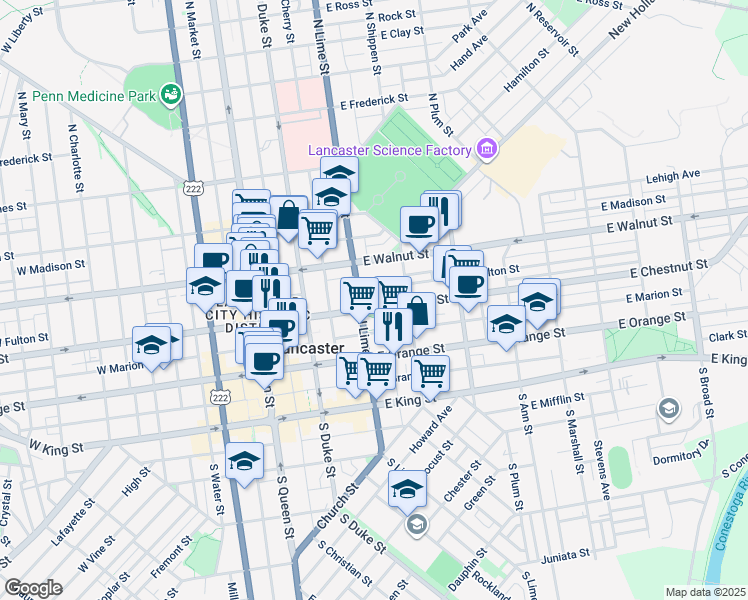 map of restaurants, bars, coffee shops, grocery stores, and more near 223 North Lime Street in Lancaster