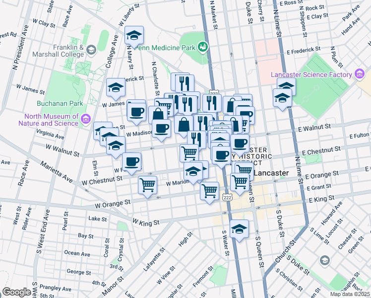 map of restaurants, bars, coffee shops, grocery stores, and more near 251 West Walnut Street in Lancaster