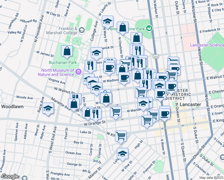map of restaurants, bars, coffee shops, grocery stores, and more near 319 North Mary Street in Lancaster