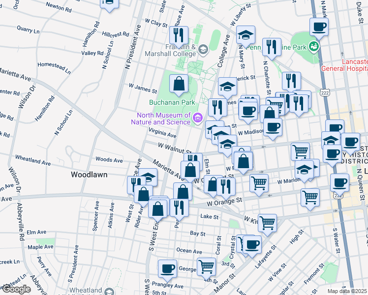 map of restaurants, bars, coffee shops, grocery stores, and more near 335 North West End Avenue in Lancaster