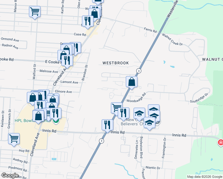 map of restaurants, bars, coffee shops, grocery stores, and more near 3603 Westerville Road in Columbus