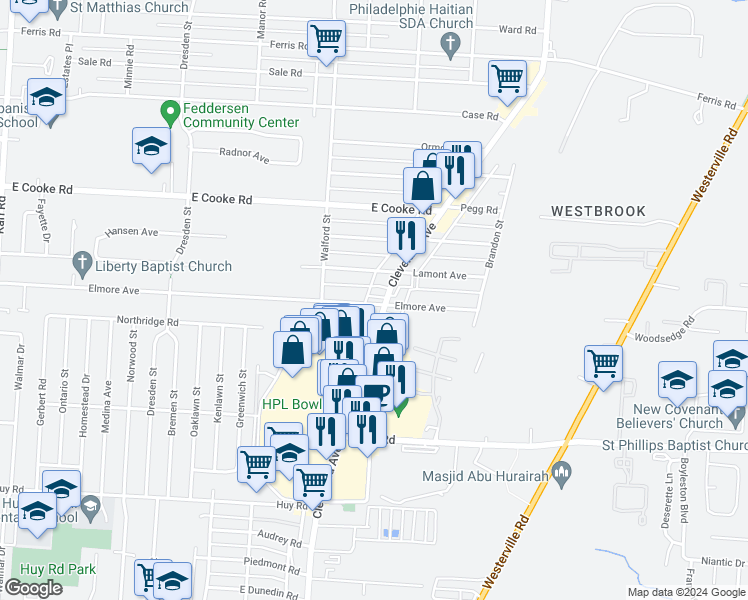 map of restaurants, bars, coffee shops, grocery stores, and more near 3643 Cleveland Avenue in Columbus