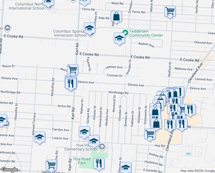 map of restaurants, bars, coffee shops, grocery stores, and more near 1600 Elmore Avenue in Columbus