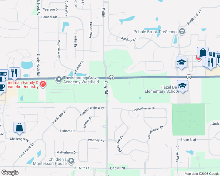 map of restaurants, bars, coffee shops, grocery stores, and more near 17555 Gray Road in Noblesville