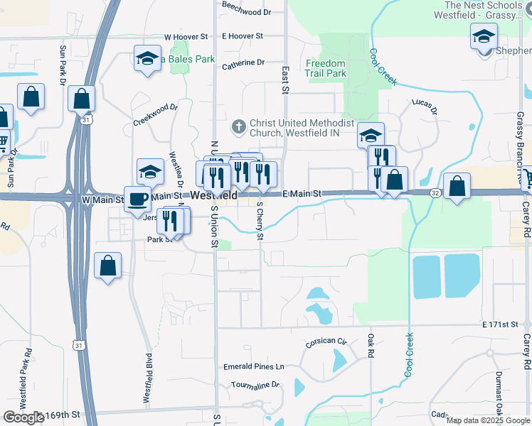 map of restaurants, bars, coffee shops, grocery stores, and more near 325 East Main Street in Westfield