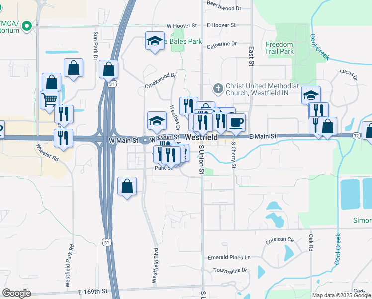 map of restaurants, bars, coffee shops, grocery stores, and more near 125 East Main Street in Westfield