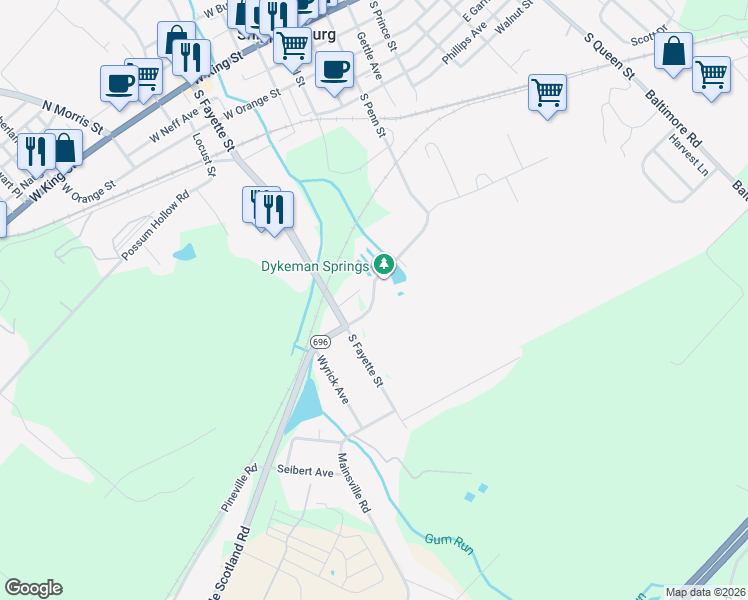 map of restaurants, bars, coffee shops, grocery stores, and more near 208 Dykeman Road in Shippensburg