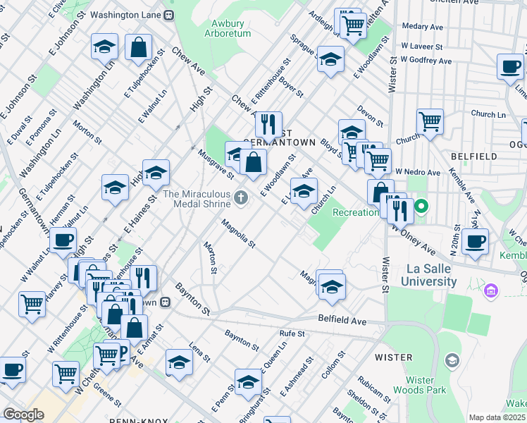 map of restaurants, bars, coffee shops, grocery stores, and more near 5647 Musgrave Street in Philadelphia