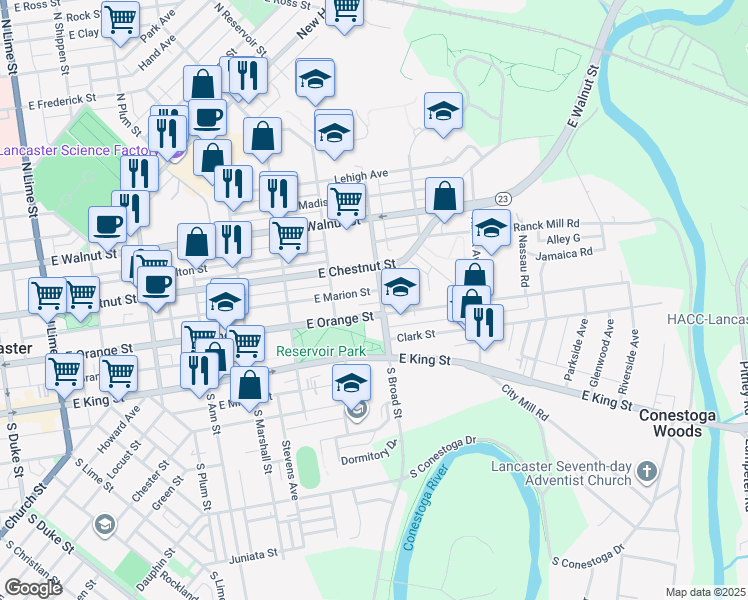 map of restaurants, bars, coffee shops, grocery stores, and more near 843 East Marion Street in Lancaster