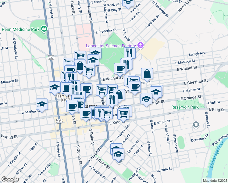 map of restaurants, bars, coffee shops, grocery stores, and more near 249 East Chestnut Street in Lancaster
