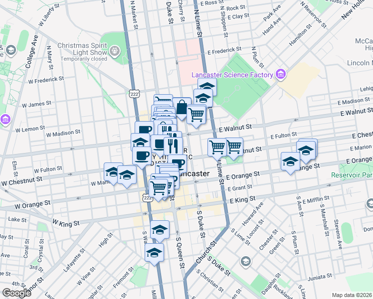 map of restaurants, bars, coffee shops, grocery stores, and more near 38 East Walnut Street in Lancaster