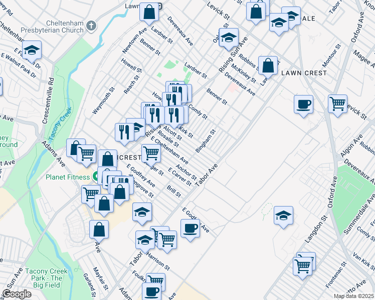 map of restaurants, bars, coffee shops, grocery stores, and more near 585 Rosalie Street in Philadelphia