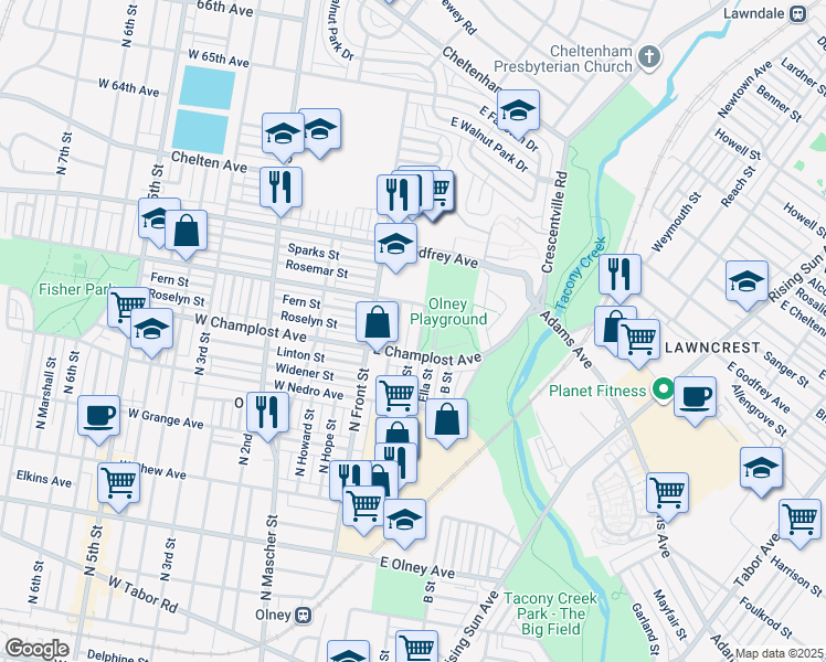 map of restaurants, bars, coffee shops, grocery stores, and more near 6022 A Street in Philadelphia