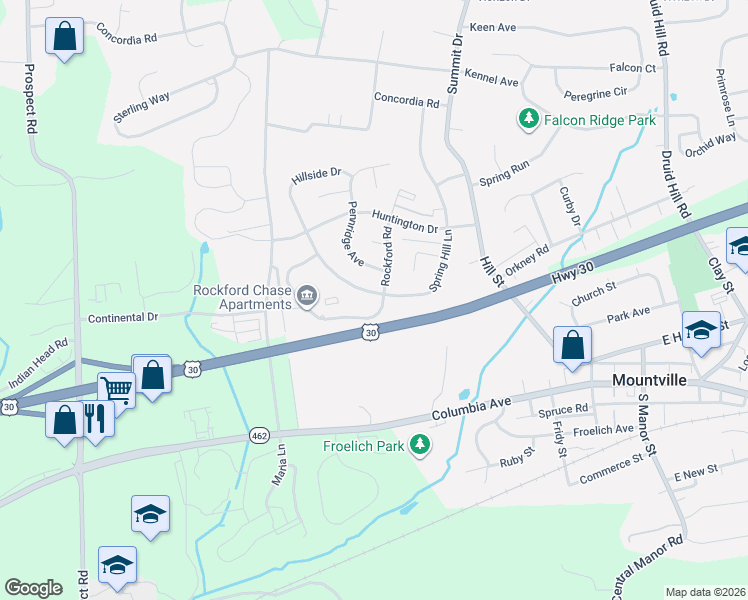 map of restaurants, bars, coffee shops, grocery stores, and more near 46 Spring Hill Lane in Mountville