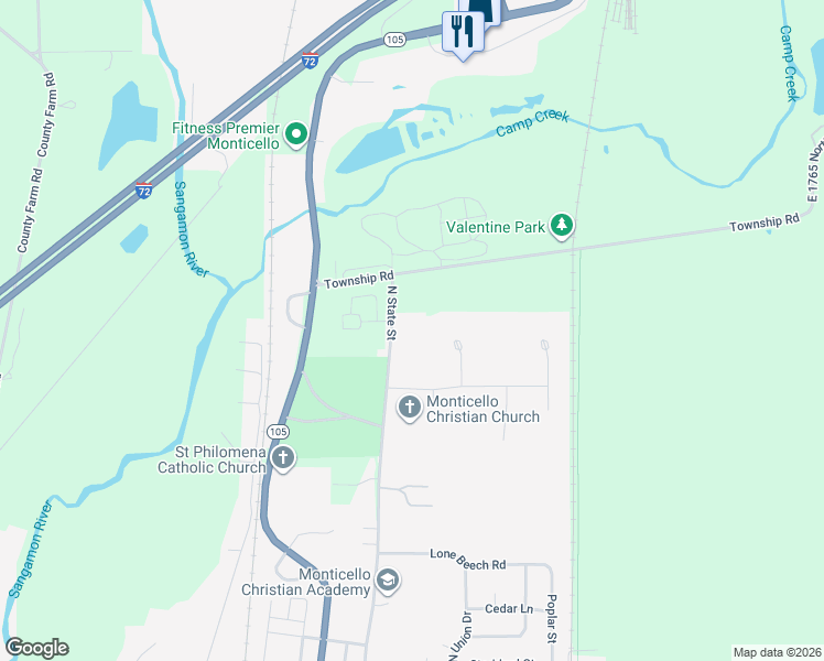 map of restaurants, bars, coffee shops, grocery stores, and more near 1727 North State Street in Monticello
