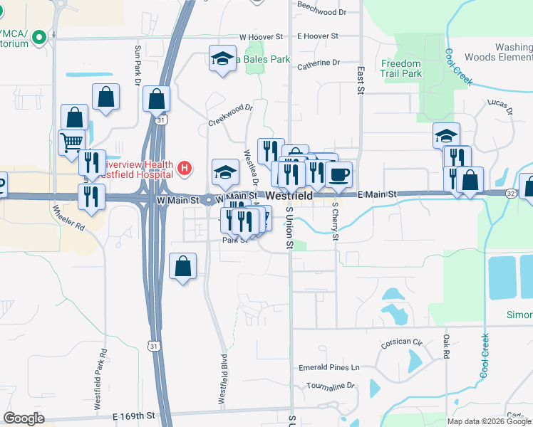 map of restaurants, bars, coffee shops, grocery stores, and more near 125 East Main Street in Westfield