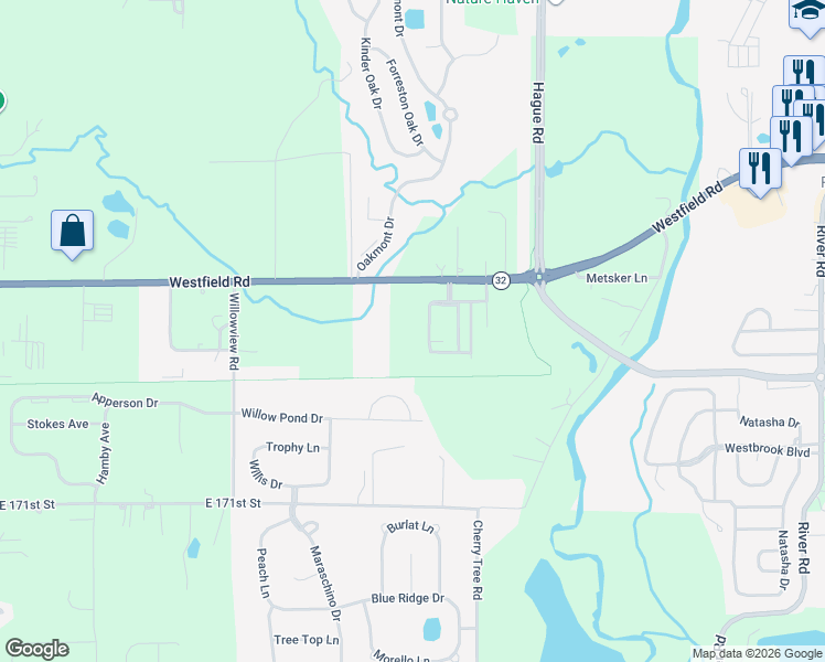 map of restaurants, bars, coffee shops, grocery stores, and more near 1495 Westfield Road in Noblesville