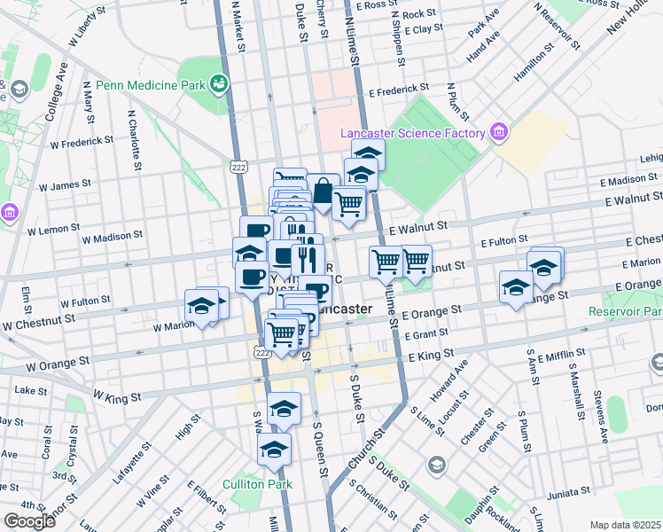 map of restaurants, bars, coffee shops, grocery stores, and more near 220 1/2 North Duke Street in Lancaster