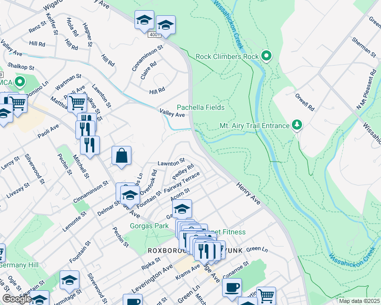 map of restaurants, bars, coffee shops, grocery stores, and more near 6464 Henry Avenue in Philadelphia