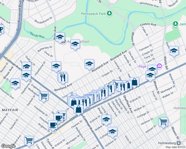 map of restaurants, bars, coffee shops, grocery stores, and more near 7500 Rowland Avenue in Philadelphia