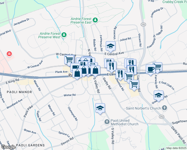 map of restaurants, bars, coffee shops, grocery stores, and more near E Lancaster Ave & S Valley Rd in Paoli