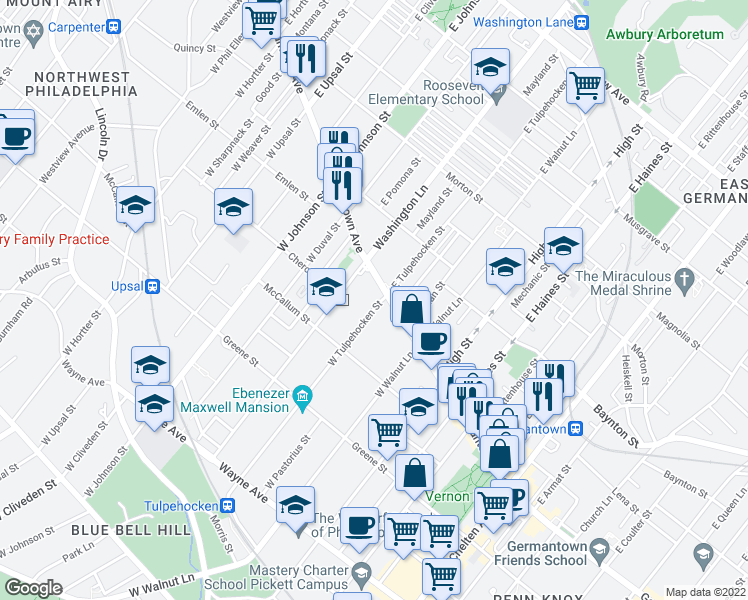 map of restaurants, bars, coffee shops, grocery stores, and more near 11 West Tulpehocken Street in Philadelphia