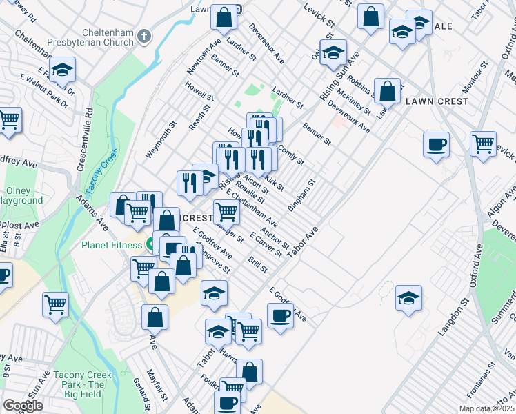 map of restaurants, bars, coffee shops, grocery stores, and more near 561 East Cheltenham Avenue in Philadelphia