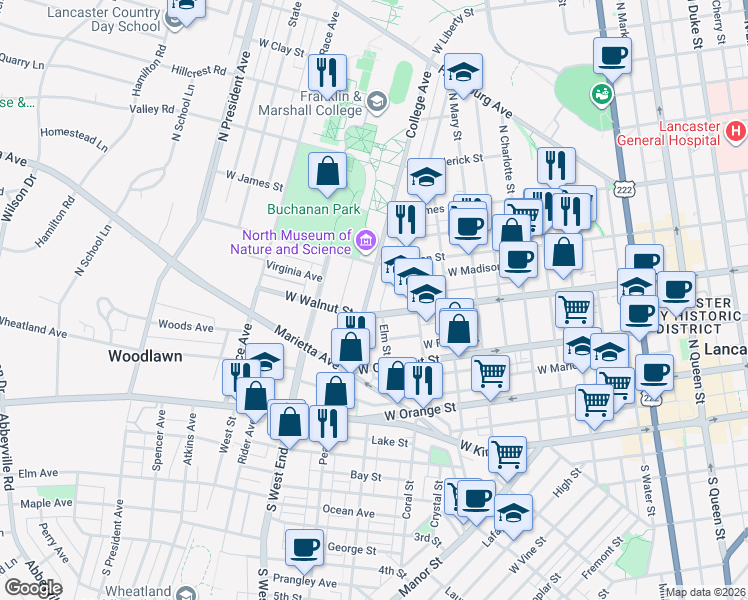 map of restaurants, bars, coffee shops, grocery stores, and more near 350 College Avenue in Lancaster