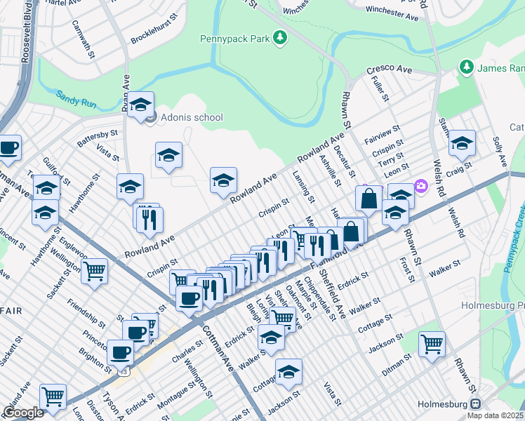map of restaurants, bars, coffee shops, grocery stores, and more near 3342 Chippendale Street in Philadelphia