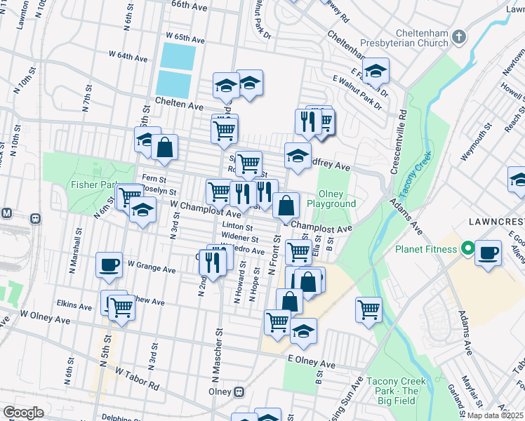 map of restaurants, bars, coffee shops, grocery stores, and more near 120 Roselyn Street in Philadelphia