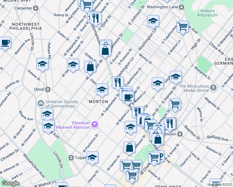 map of restaurants, bars, coffee shops, grocery stores, and more near 11 West Tulpehocken Street in Philadelphia